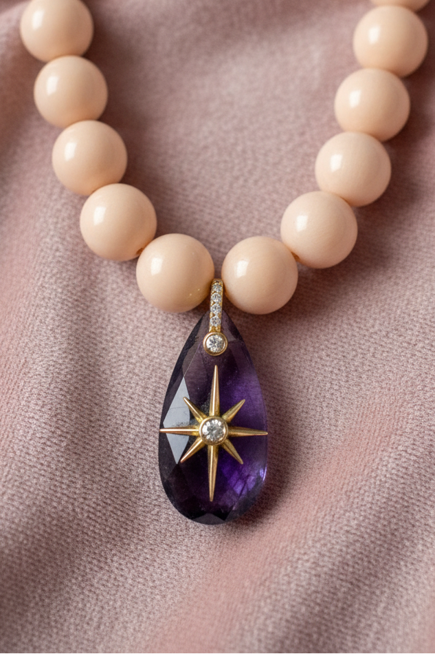 Bracciale Bisette - JAIPUR  OCEANO  corallo rosa  con charm ametista stella