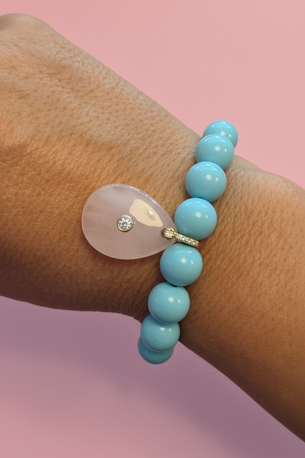 Bracciale Bisette - JAIPUR  OCEANO   turchese  con charm goccia quarzo rosa