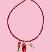 Collana POISSONS - Corallo rosso  mm 6 - chiusura argento 925 - cm 40  chrams pesciolini