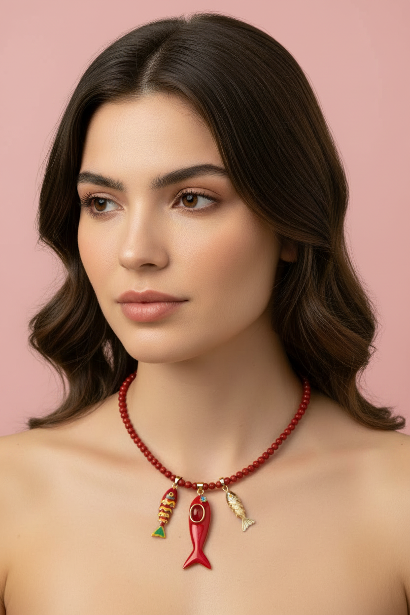 Collana POISSONS - Corallo rosso  mm 6 - chiusura argento 925 - cm 40  chrams pesciolini