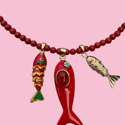 Collana POISSONS - Corallo rosso  mm 6 - chiusura argento 925 - cm 40  chrams pesciolini