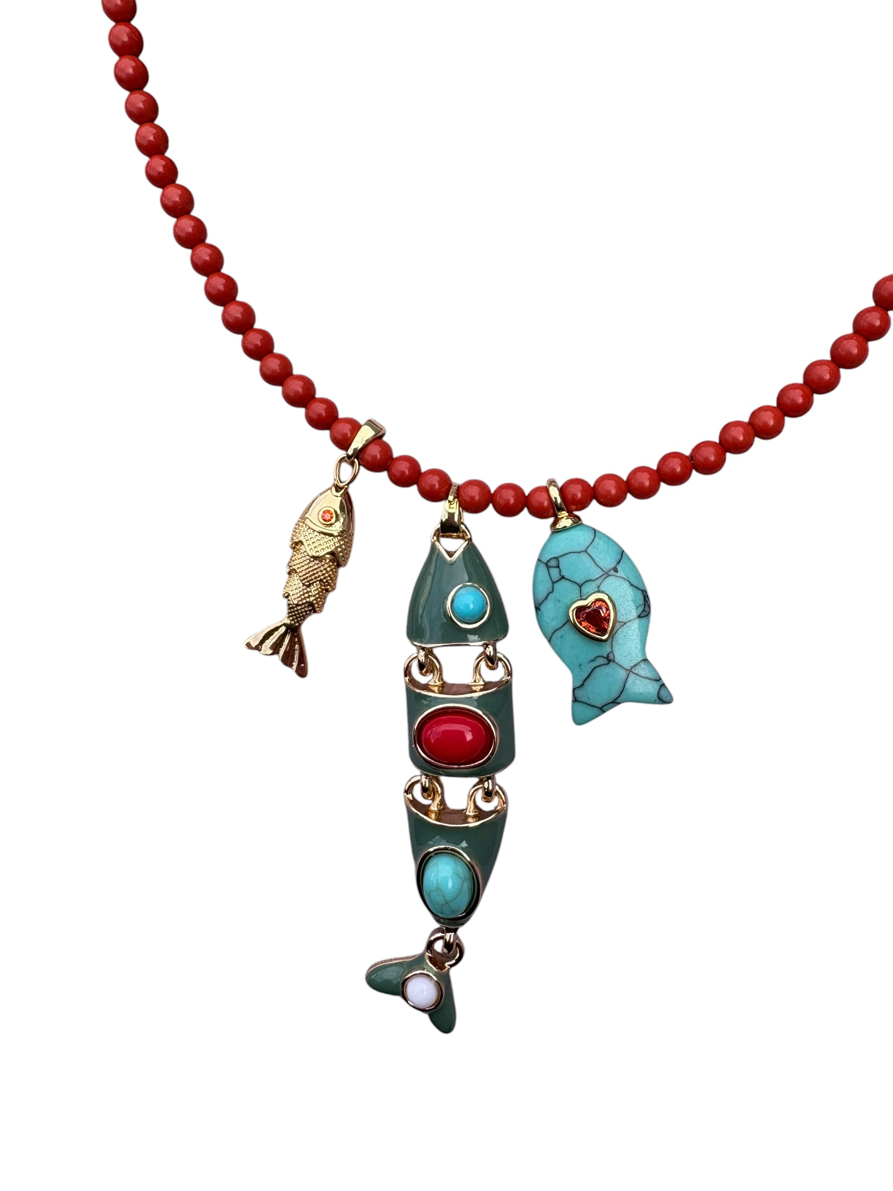 Collana POISSONS - Corallo rosso  mm 6 - chiusura argento 925 - cm 40  chrams pesciolin