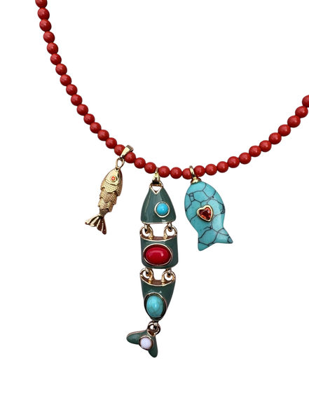 Collana POISSONS - Corallo rosso  mm 6 - chiusura argento 925 - cm 40  chrams pesciolin