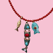 Collana POISSONS - Corallo rosso  mm 6 - chiusura argento 925 - cm 40  chrams pesciolin