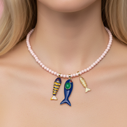 Collana POISSONS - Corallo rosa  mm 6 - chiusura argento 925 - cm 40  chrams pesciolini