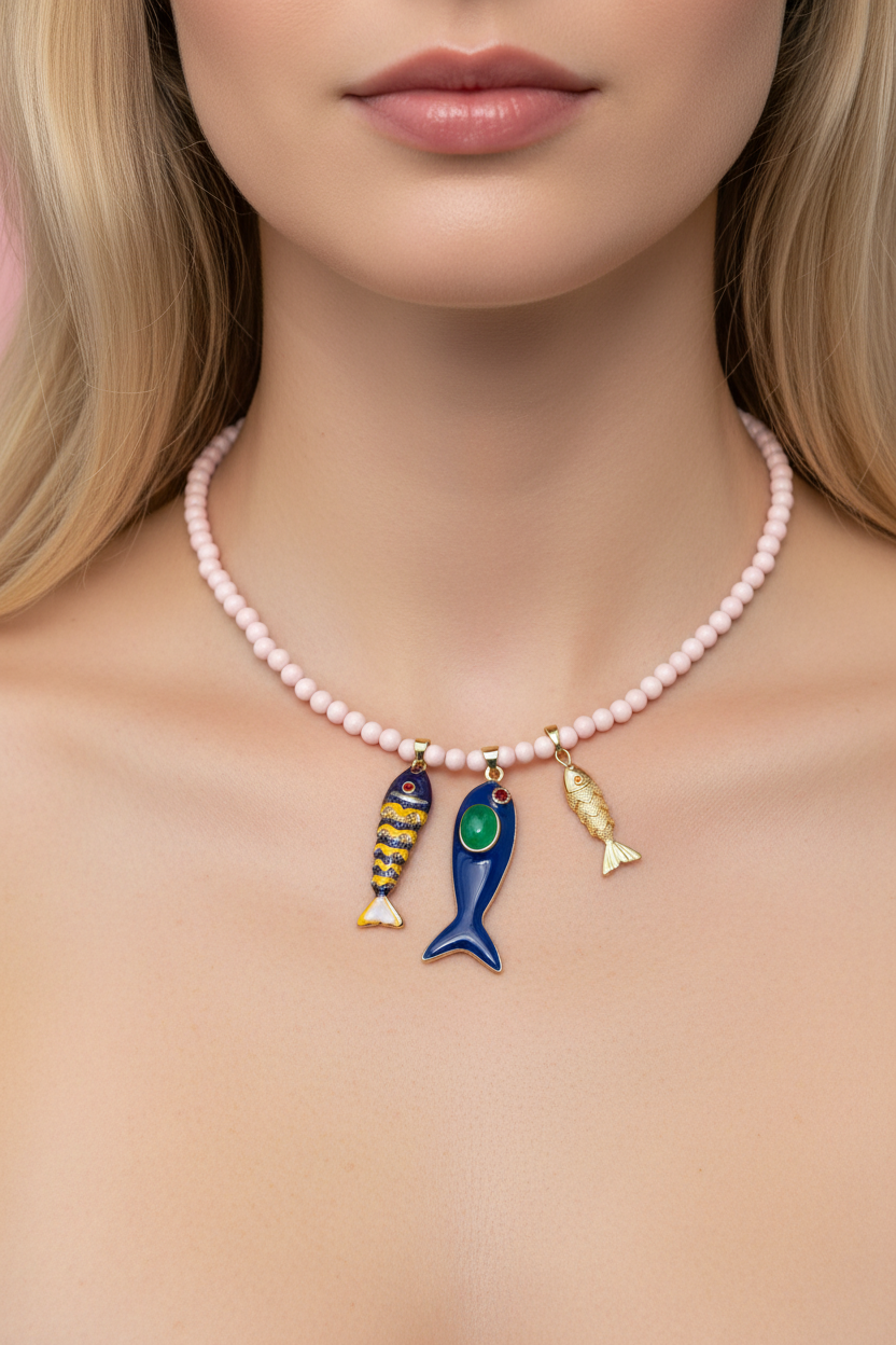 Collana POISSONS - Corallo rosa  mm 6 - chiusura argento 925 - cm 40  chrams pesciolini