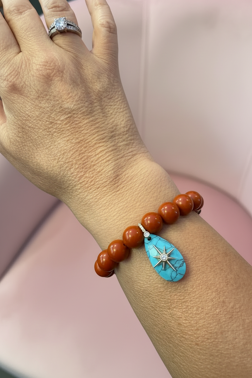 Bracciale Bisette - JAIPUR  OCEANO  corallo rosso  con charm turchese stella
