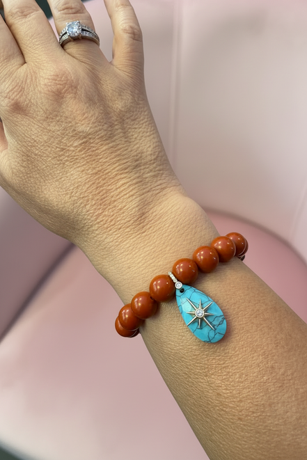 Bracciale Bisette - JAIPUR  OCEANO  corallo rosso  con charm turchese stella