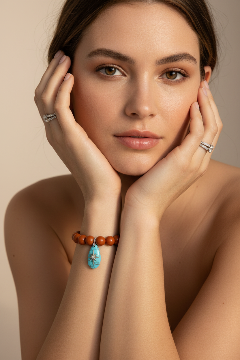 Bracciale Bisette - JAIPUR  OCEANO  corallo rosso  con charm turchese stella