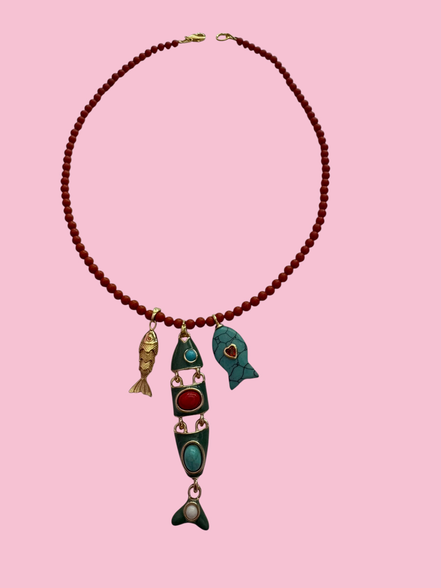 Collana POISSONS - Corallo rosso  mm 6 - chiusura argento 925 - cm 40  chrams pesciolin