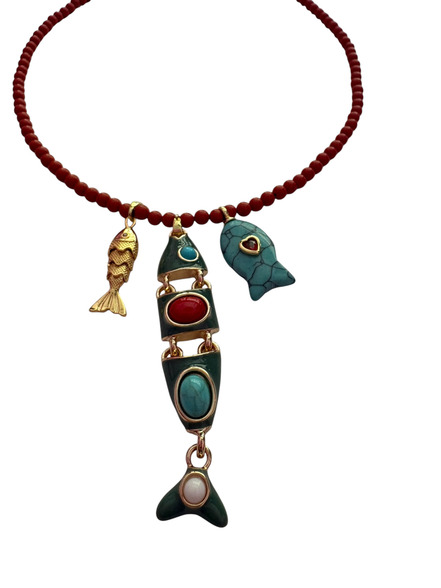 Collana POISSONS - Corallo rosso  mm 6 - chiusura argento 925 - cm 40  chrams pesciolin
