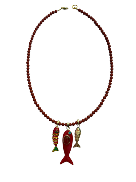 Collana POISSONS - Corallo rosso  mm 6 - chiusura argento 925 - cm 40  chrams pesciolini