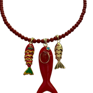 Collana POISSONS - Corallo rosso  mm 6 - chiusura argento 925 - cm 40  chrams pesciolini