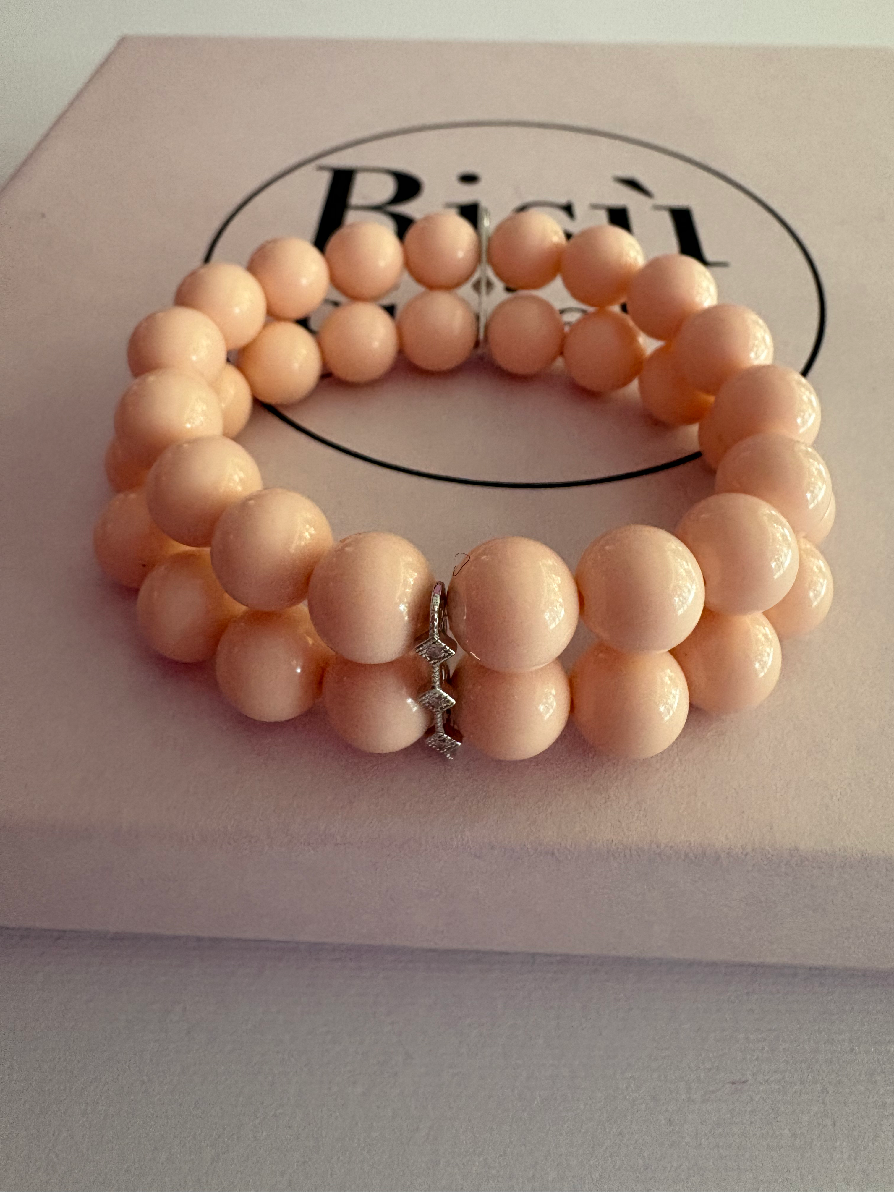 Bracciale Bisette - 2 file corallo rosa con barrette argento 925  e zirconi