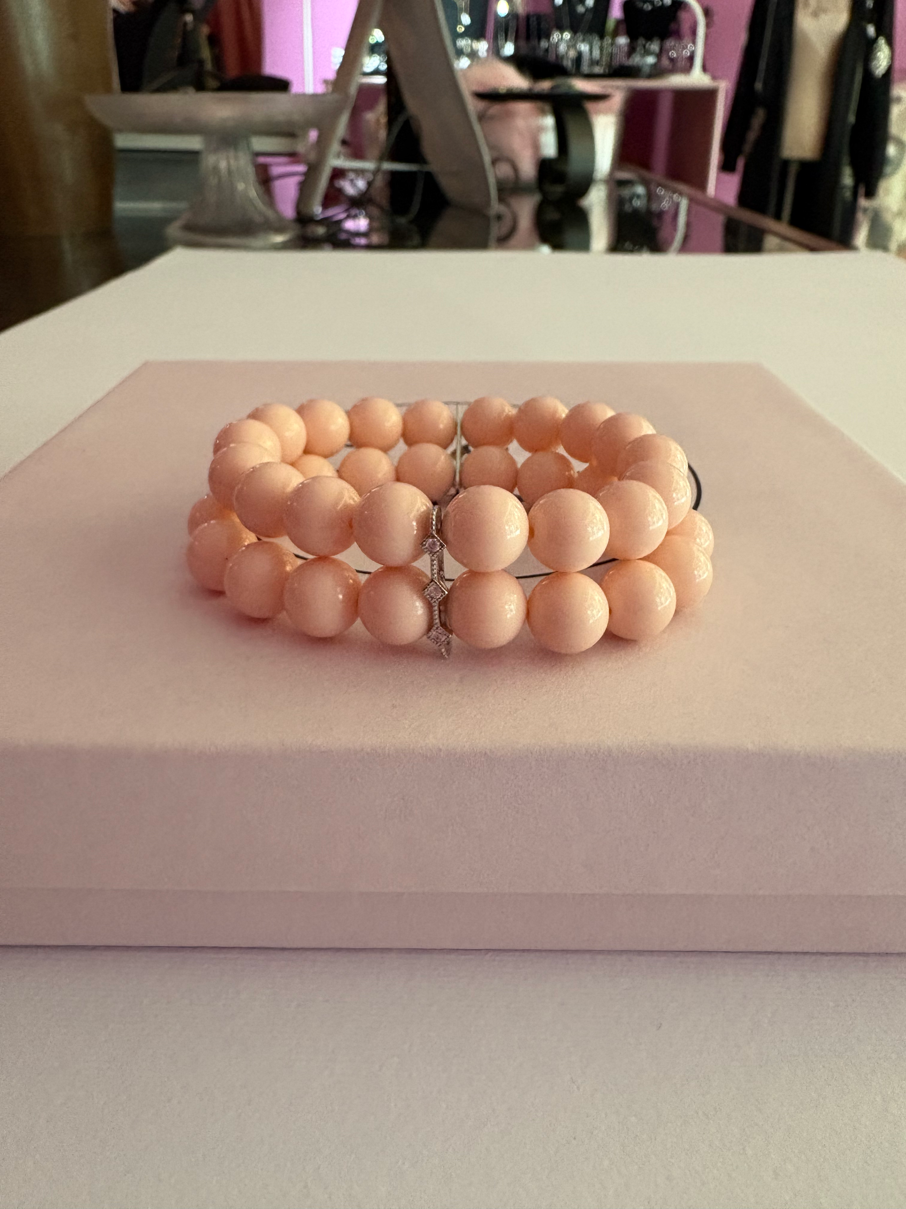 Bracciale Bisette - 2 file corallo rosa con barrette argento 925  e zirconi