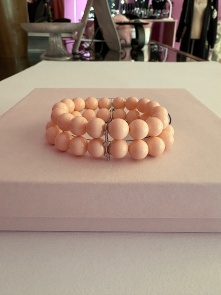 Bracciale Bisette - 2 file corallo rosa con barrette argento 925  e zirconi