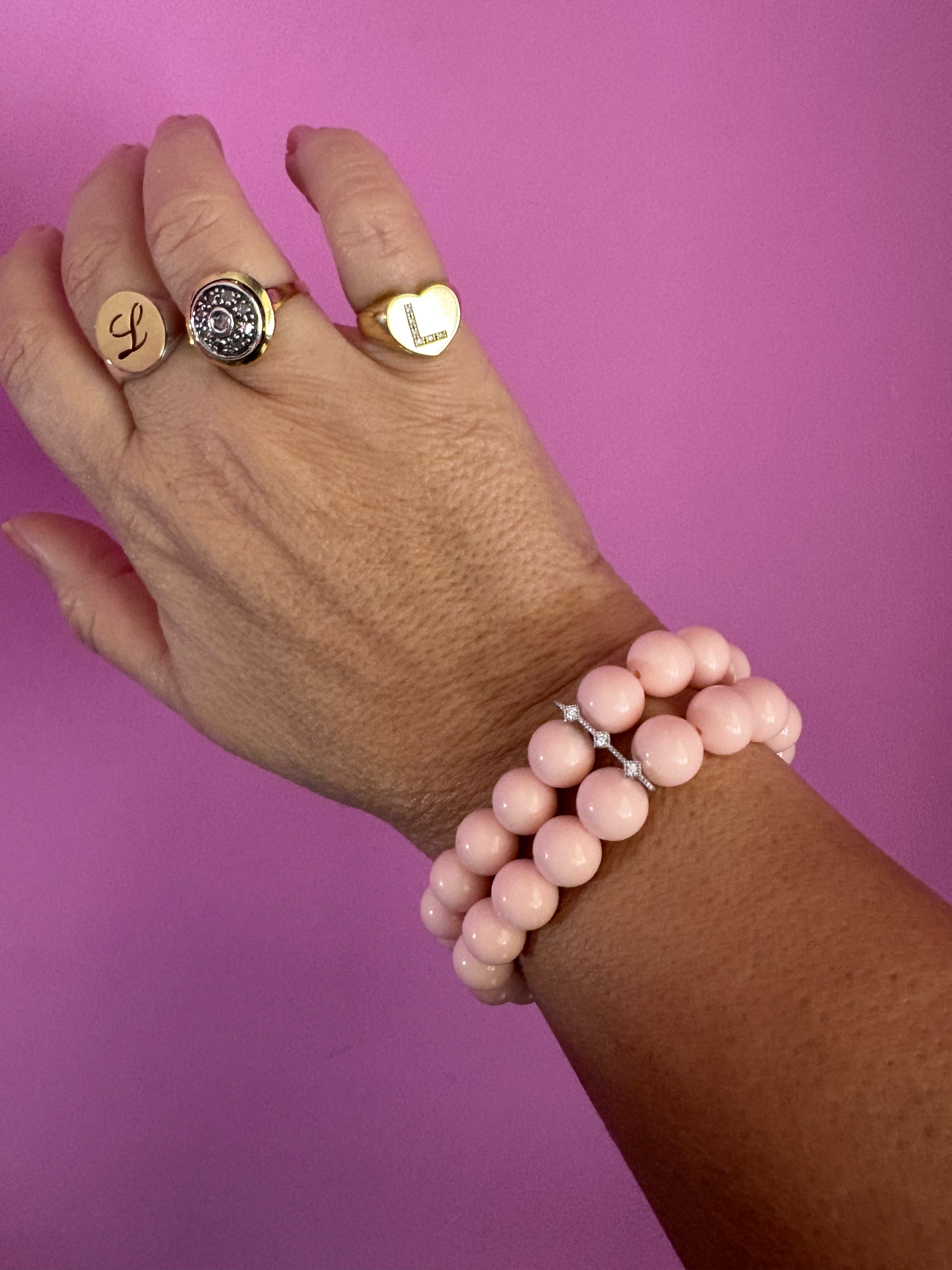 Bracciale Bisette - 2 file corallo rosa con barrette argento 925  e zirconi
