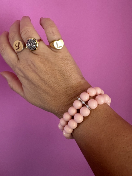 Bracciale Bisette - 2 file corallo rosa con barrette argento 925  e zirconi