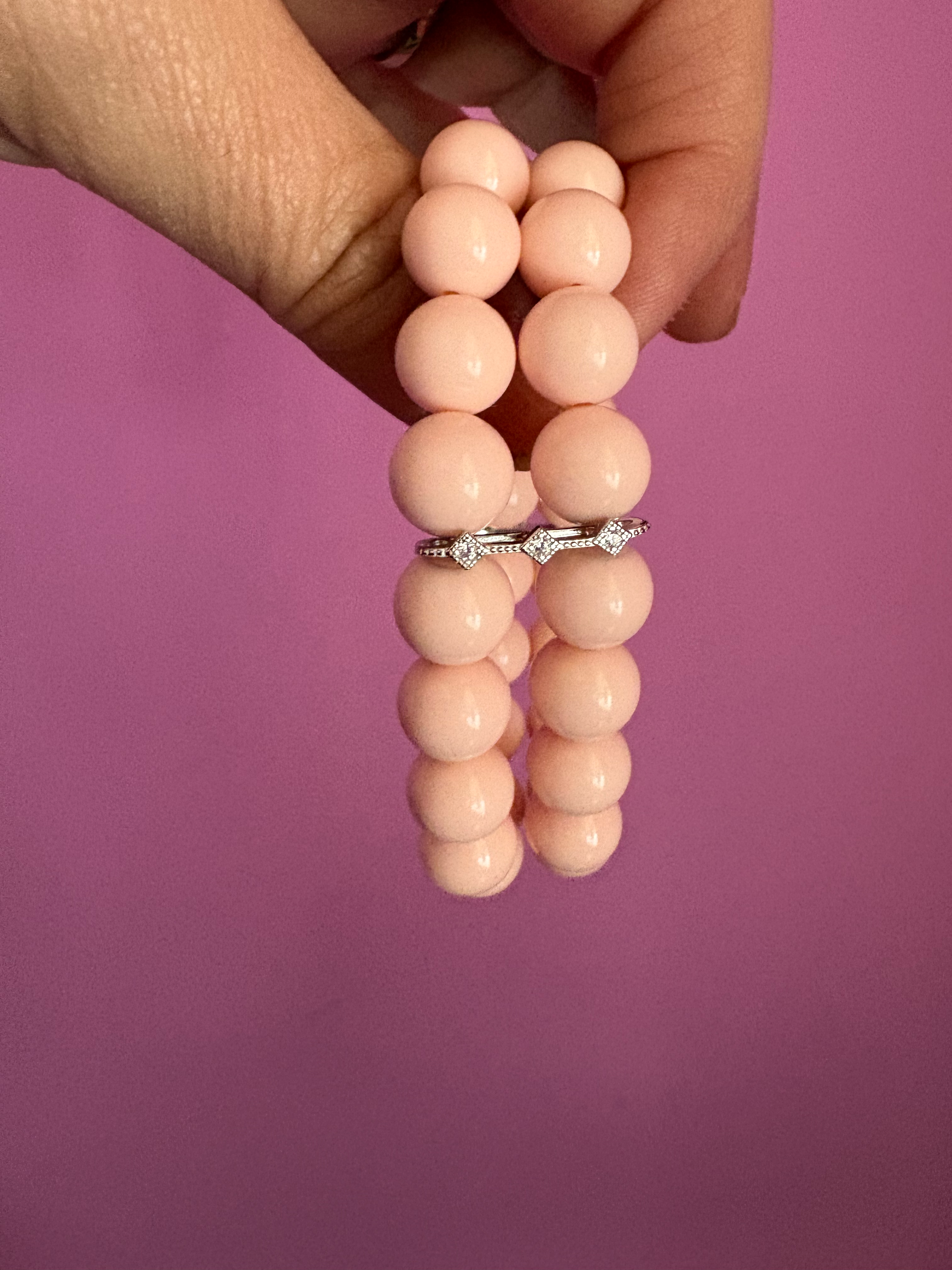 Bracciale Bisette - 2 file corallo rosa con barrette argento 925  e zirconi