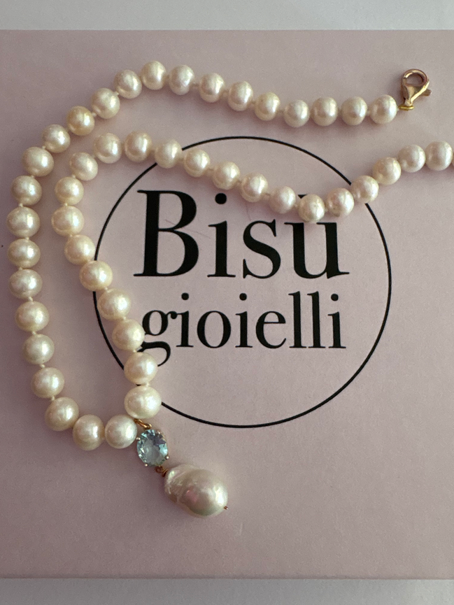 MADELEINE - Collana perle con pendente zircone azzurro