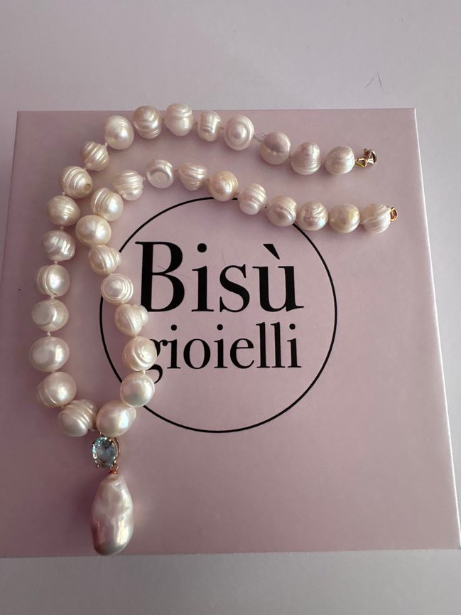 MADELAINE - Collana  grandi perle con pendente zircone azzurro