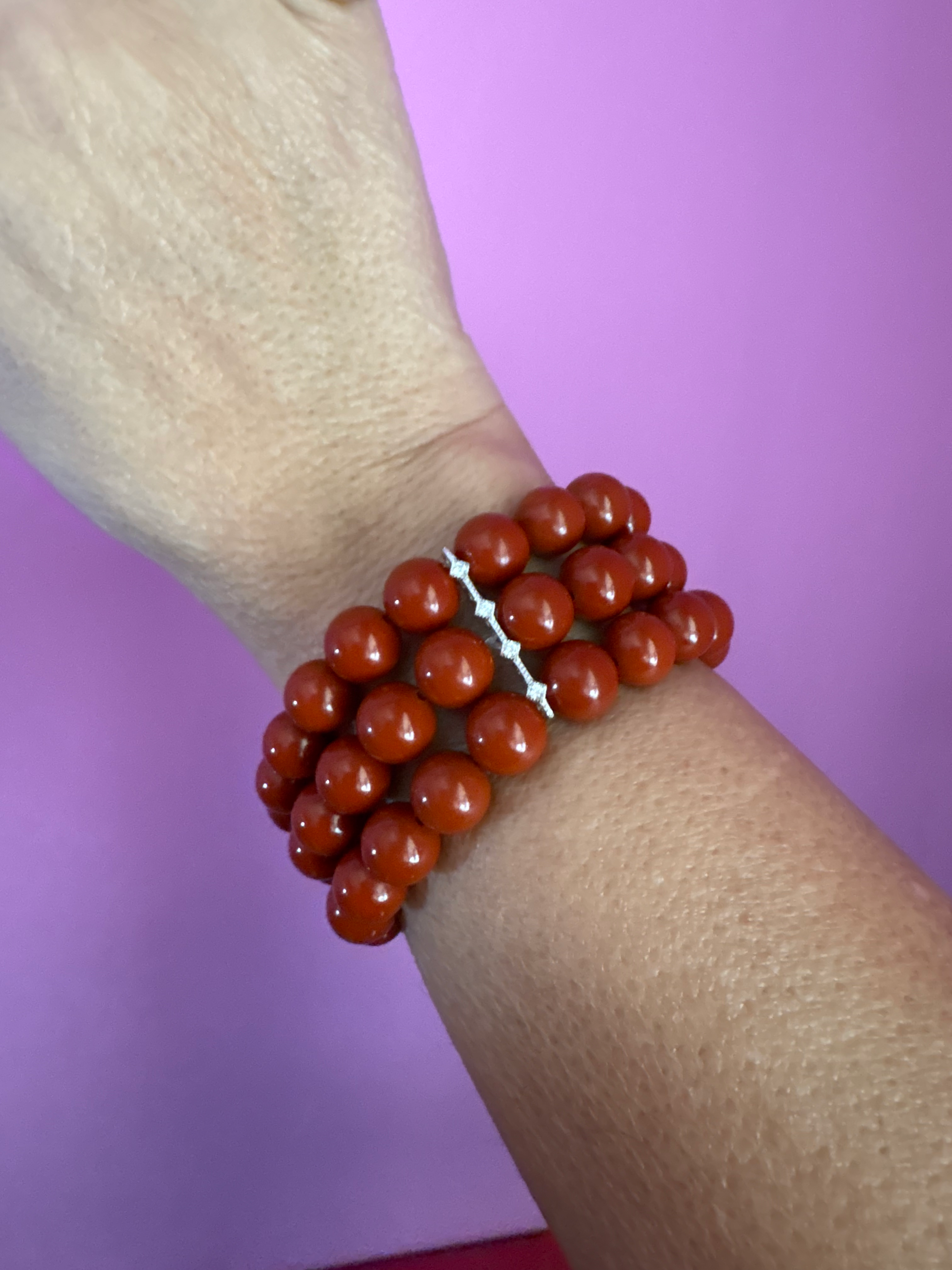 Bracciale Bisette - MEDITERRANEA 3 file corallo rosso con barrette argento 925 rodiato  e zirconi