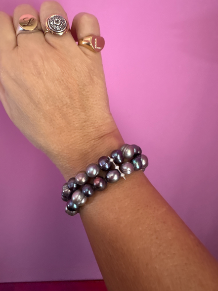 Bracciale Bisette - 2 file perle grey con barette argento 925 e zirconi