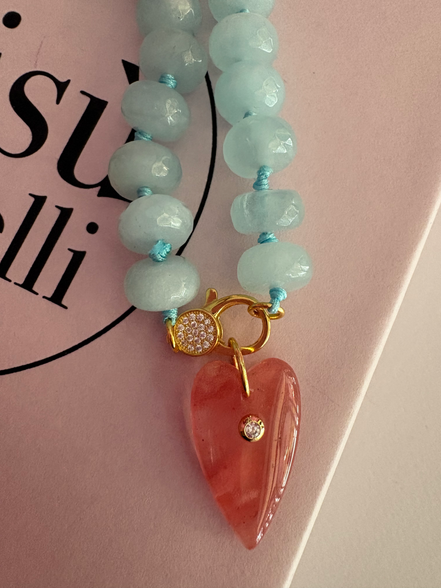 Collana JAIPUR - Acquamarina rondelle e pendente cuore quarzo fragola