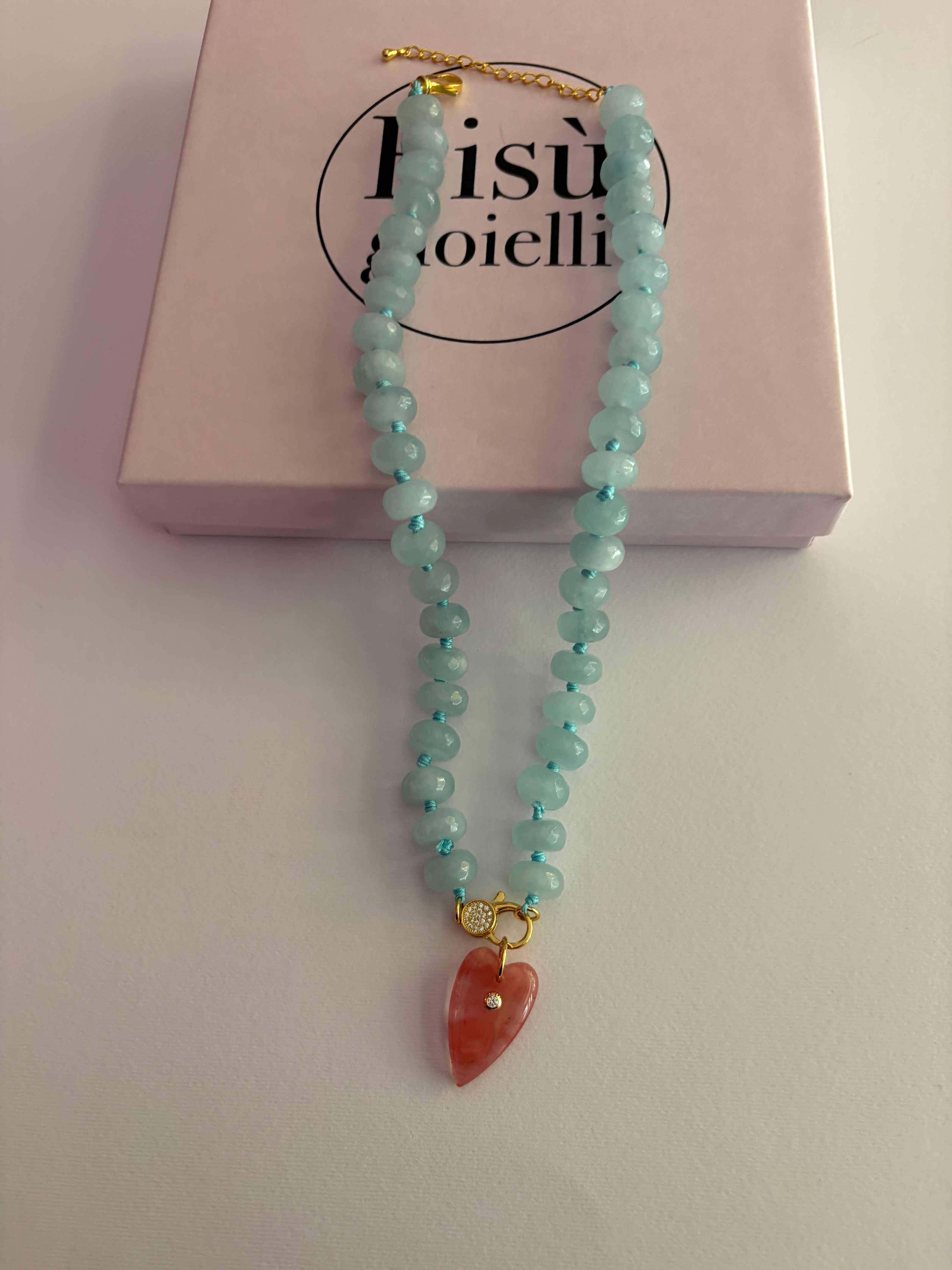 Collana JAIPUR - Acquamarina rondelle e pendente cuore quarzo fragola