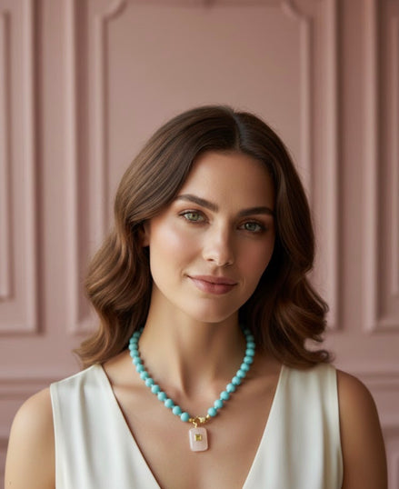 Collana JAIPUR - turchese e pendente quarzo rosa