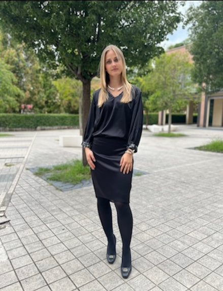 Gonna longuette bicolore in raso nero e interno in raso Jap Rosa cipria
