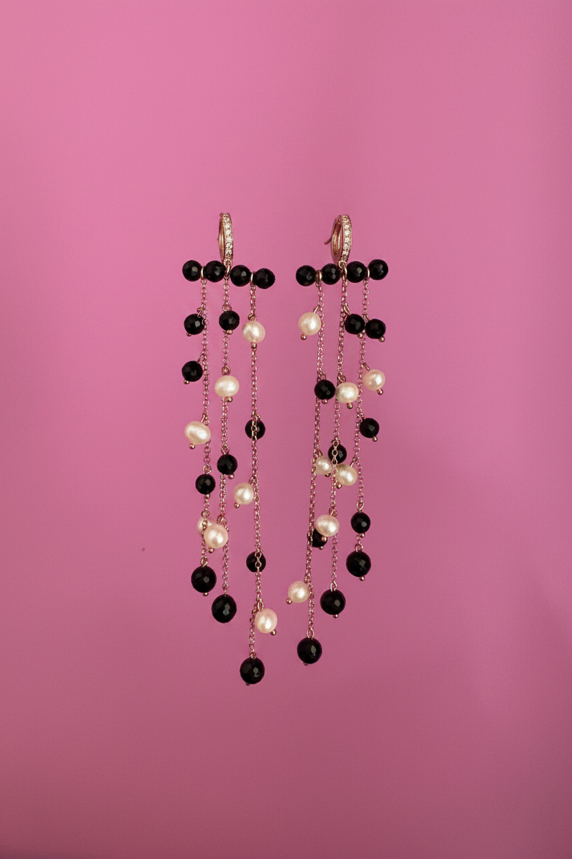 Chandelier - Orecchini  rosé con cascata di onice e perle coltivate