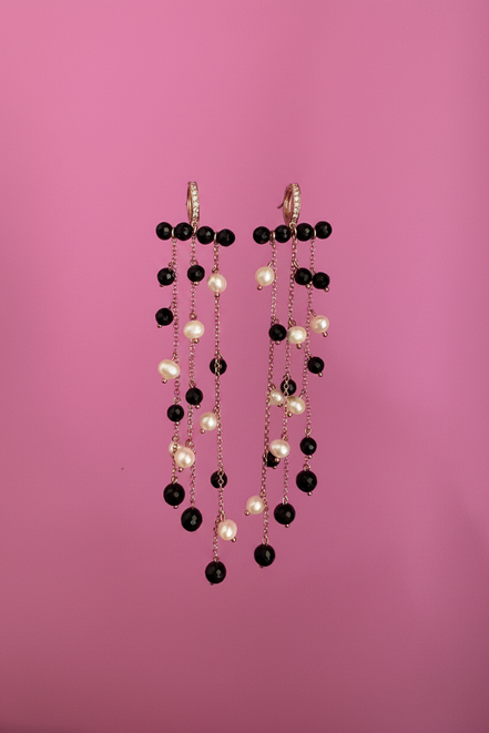 Chandelier - Orecchini  rosé con cascata di onice e perle coltivate
