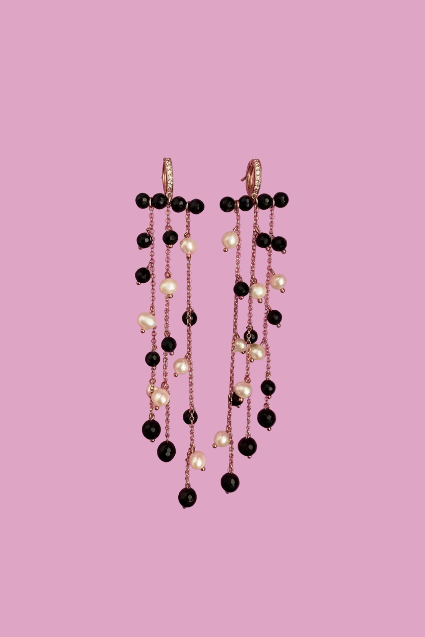 Chandelier - Orecchini  rosé con cascata di onice e perle coltivate