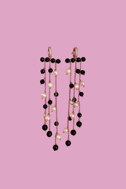 Chandelier - Orecchini  rosé con cascata di onice e perle coltivate