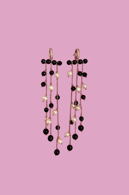 Chandelier - Orecchini  rosé con cascata di onice e perle coltivate