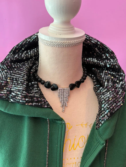 Felpa Gioiello : Felpa verde Oversize con Ricami in Paillettes e Cristalli – Lusso Couture