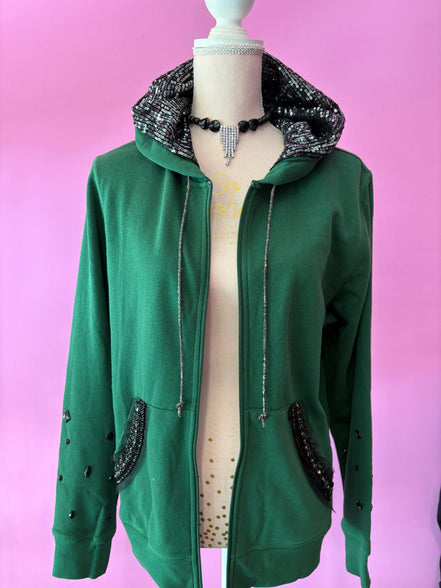 Felpa Gioiello : Felpa verde Oversize con Ricami in Paillettes e Cristalli – Lusso Couture