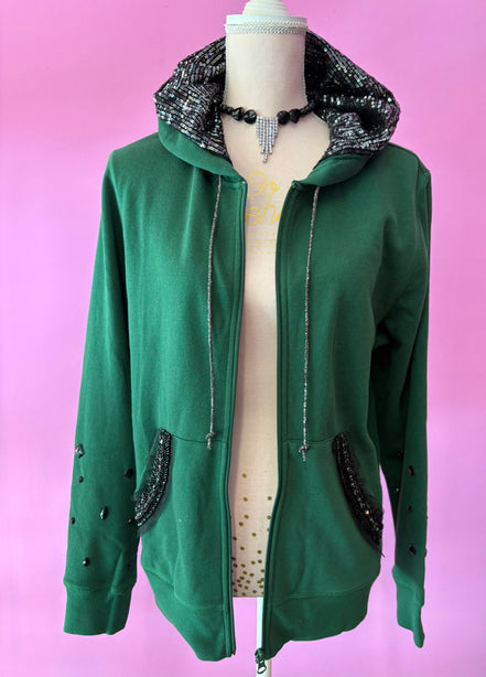 Felpa Gioiello : Felpa verde Oversize con Ricami in Paillettes e Cristalli – Lusso Couture