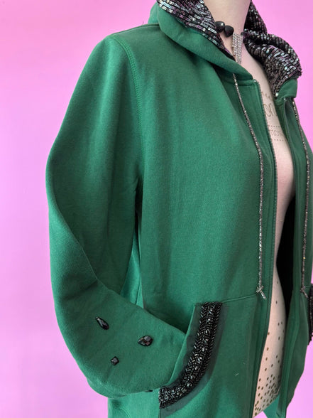 Felpa Gioiello : Felpa verde Oversize con Ricami in Paillettes e Cristalli – Lusso Couture