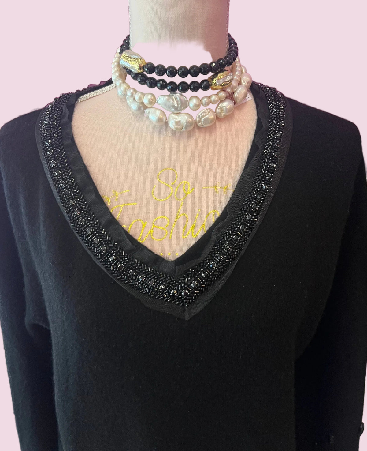 Jewel Sweater: Black V-neck oversized sweater with Sequin and Crystal Embroidery - Luxury Couture