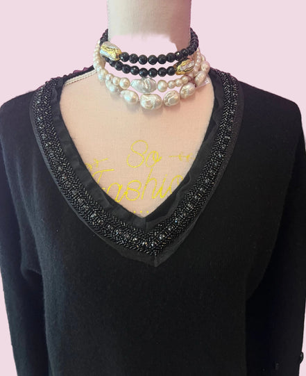 Jewel Sweater: Black V-neck oversized sweater with Sequin and Crystal Embroidery - Luxury Couture