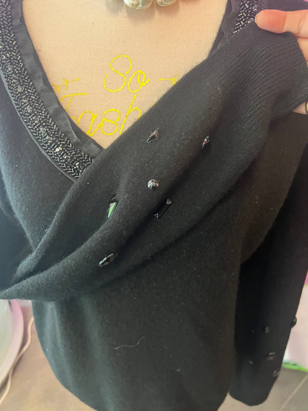 Jewel Sweater: Black V-neck oversized sweater with Sequin and Crystal Embroidery - Luxury Couture