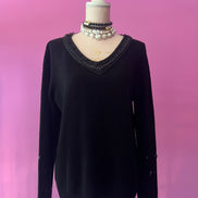 Jewel Sweater: Black V-neck oversized sweater with Sequin and Crystal Embroidery - Luxury Couture