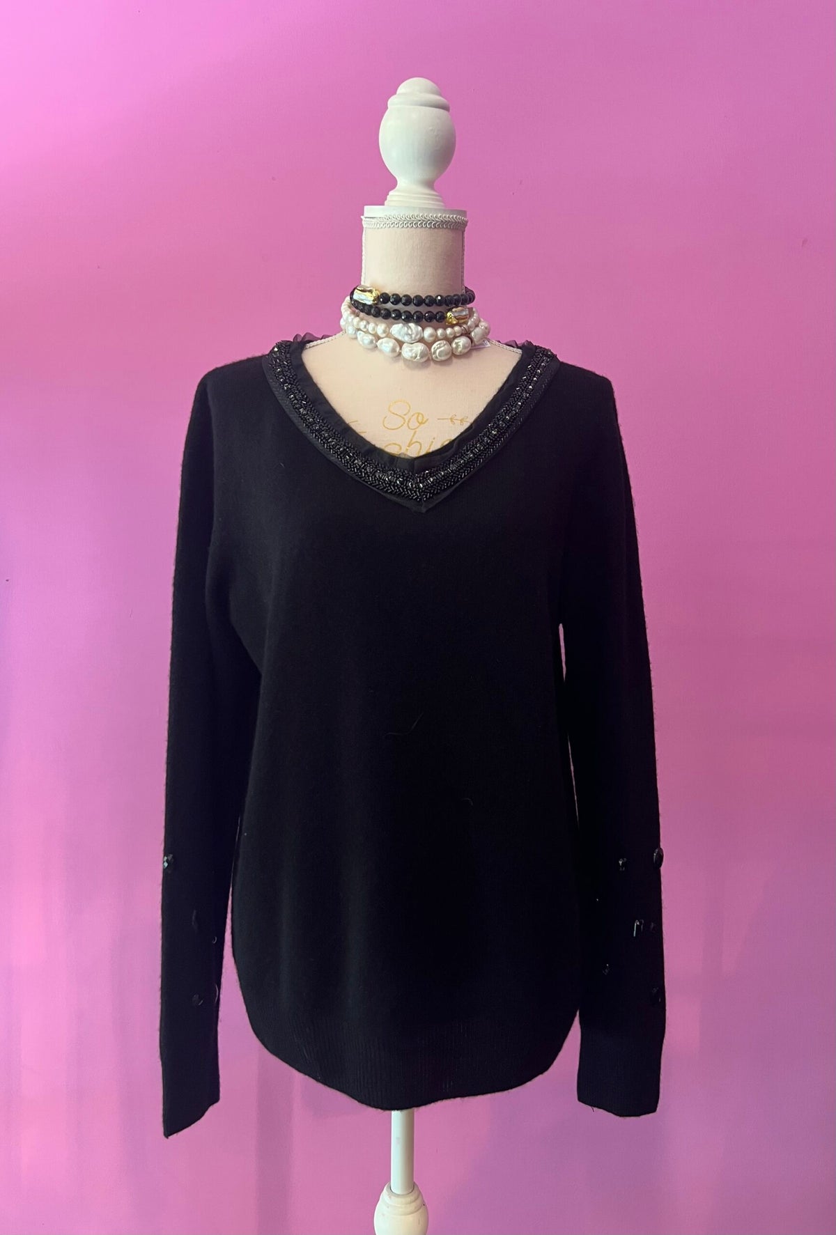 Jewel Sweater: Black V-neck oversized sweater with Sequin and Crystal Embroidery - Luxury Couture