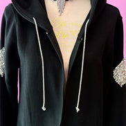 Felpa lunga Gioiello : cappottino Oversize nero con Ricami in Paillettes e Cristalli – Lusso Couture