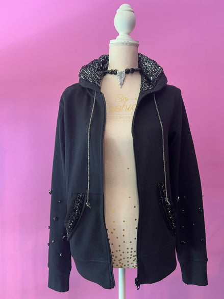 Felpa Gioiello : Felpa nera Oversize con Ricami in Paillettes e Cristalli – Lusso Couture