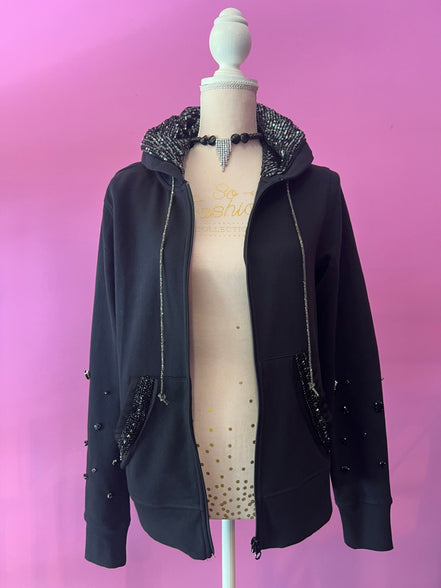 Felpa Gioiello : Felpa nera Oversize con Ricami in Paillettes e Cristalli – Lusso Couture
