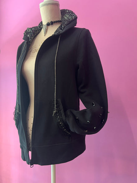 Felpa Gioiello : Felpa nera Oversize con Ricami in Paillettes e Cristalli – Lusso Couture