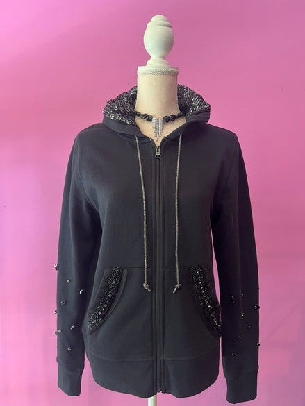 Felpa Gioiello : Felpa nera Oversize con Ricami in Paillettes e Cristalli – Lusso Couture